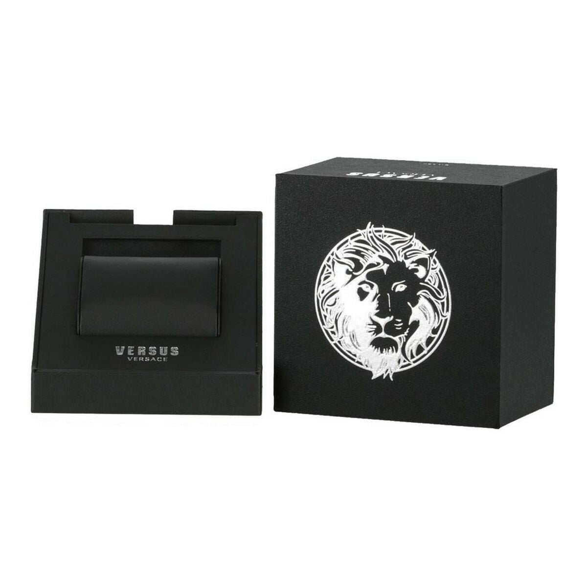 Boîte cadeau noire, logo Versus et visuel tête de lion