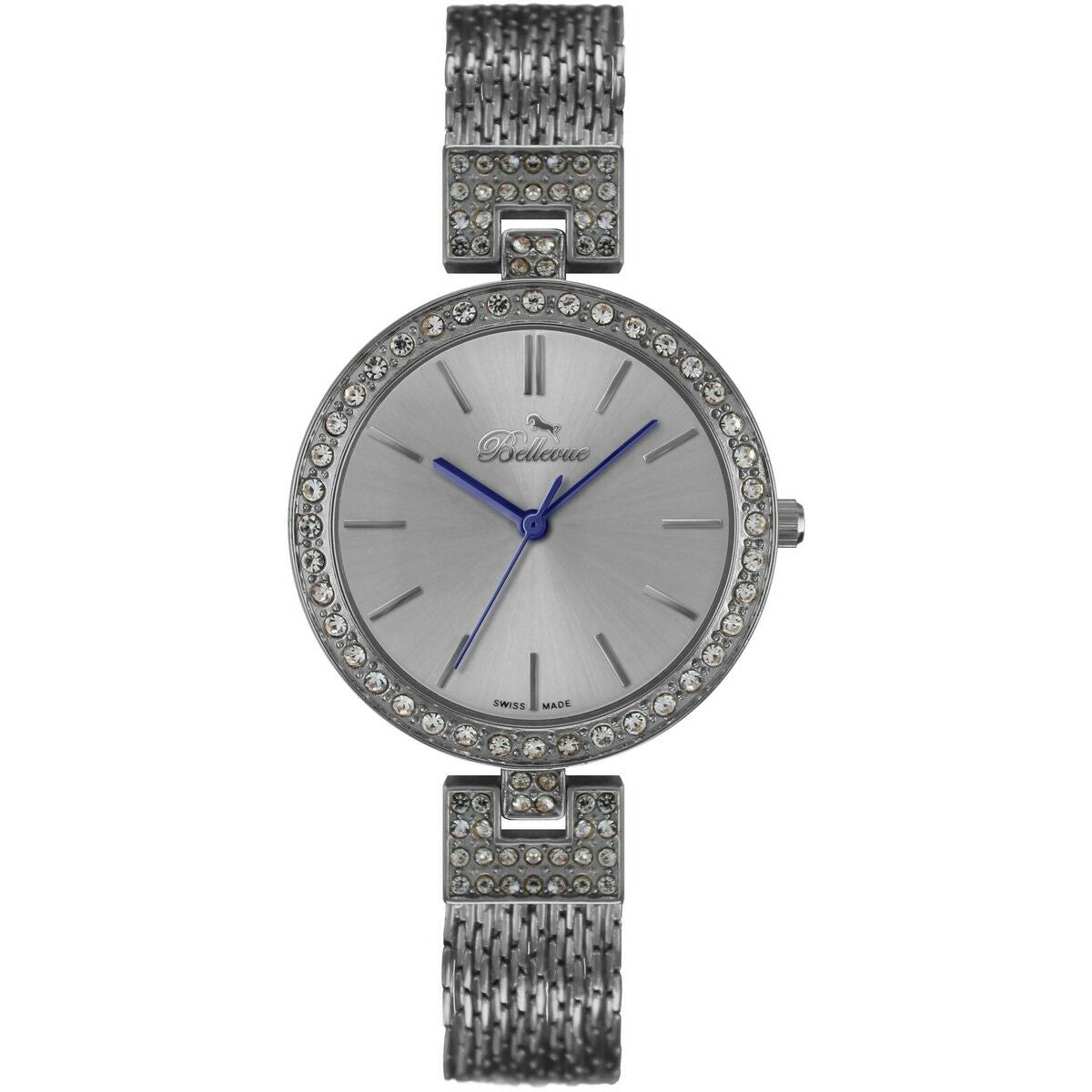 Montre analogique femme, cadran gris argenté, aiguilles bleues, lunette strass.