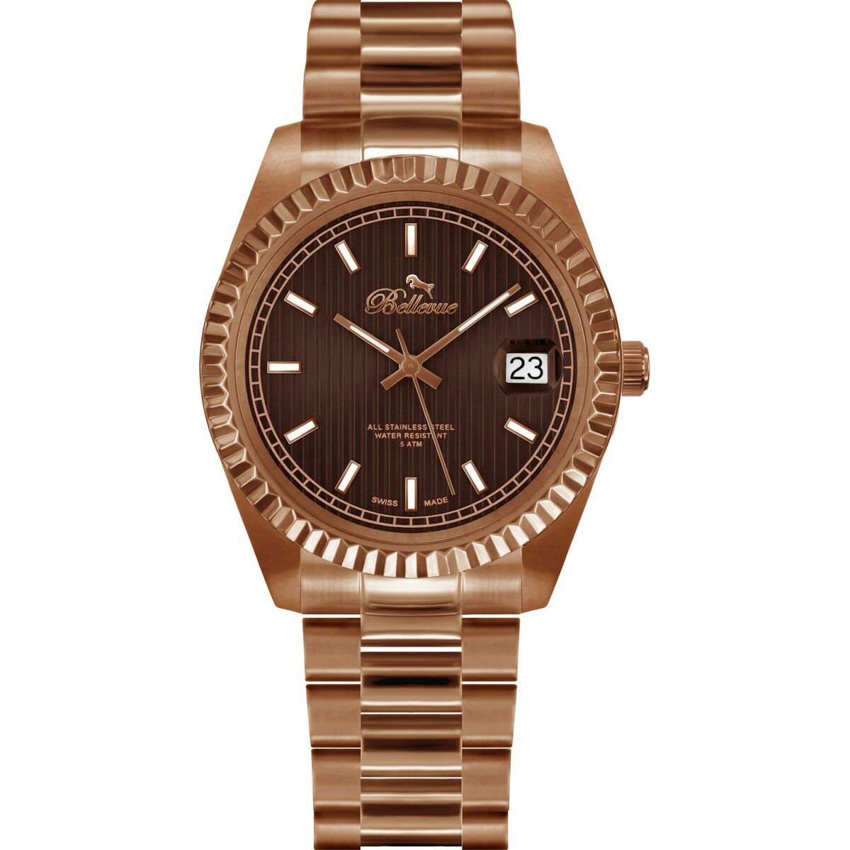 Montre femme Bellevue H.30 bracelet maillons ton bronze, cadran brun, dateur 23