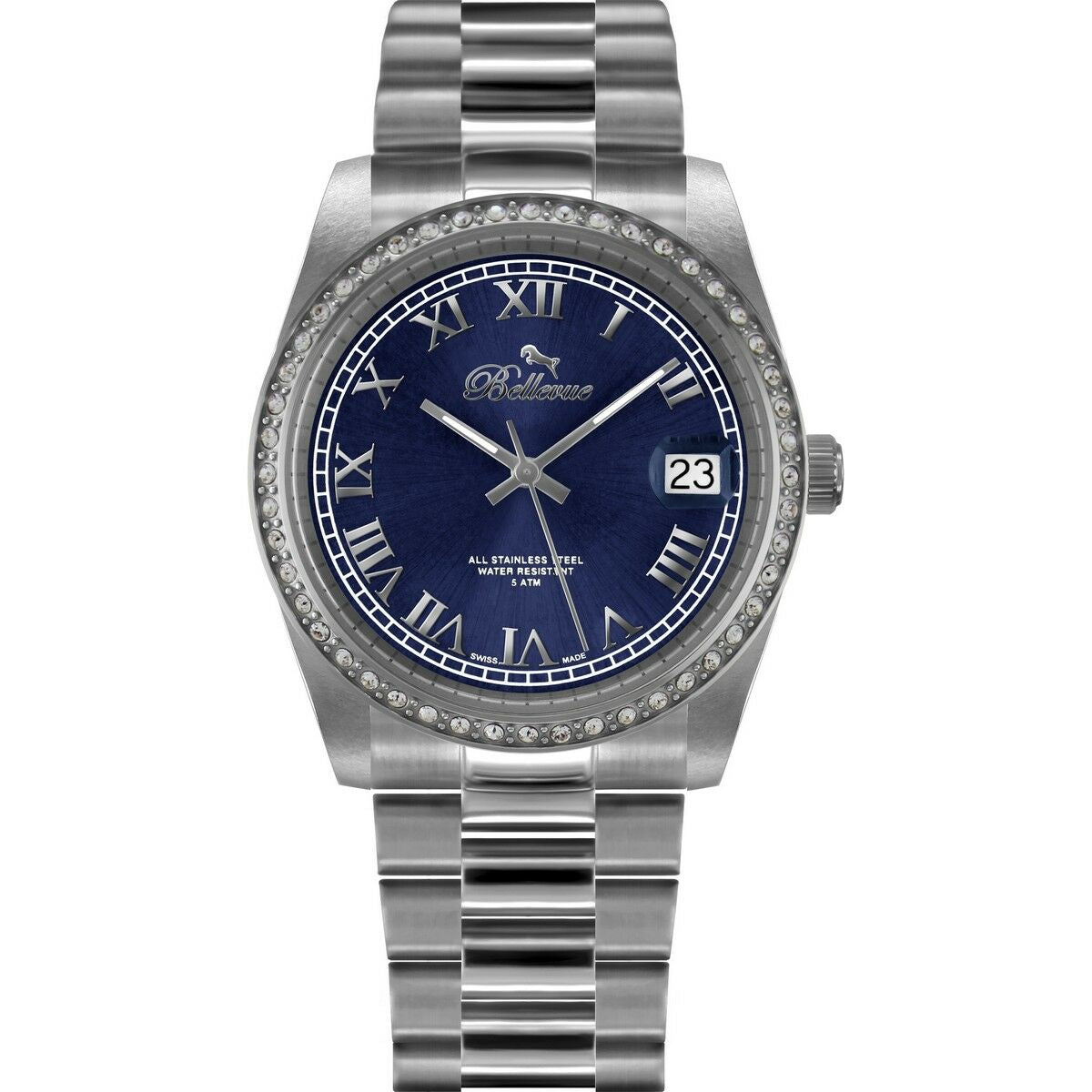 Montre-bracelet pour femme à cadran bleu et bracelet en acier, lunette sertie.