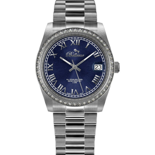 Montre-bracelet pour femme à cadran bleu et bracelet en acier, lunette sertie.