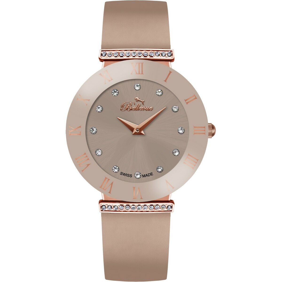 Montre pour femme Bellevue, bracelet beige, cadran beige avec cristaux et chiffres romains.