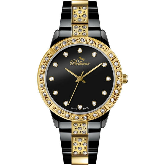 Montre pour femme Bellevue, cadran noir et bracelet acier noir/doré, Ø32 mm