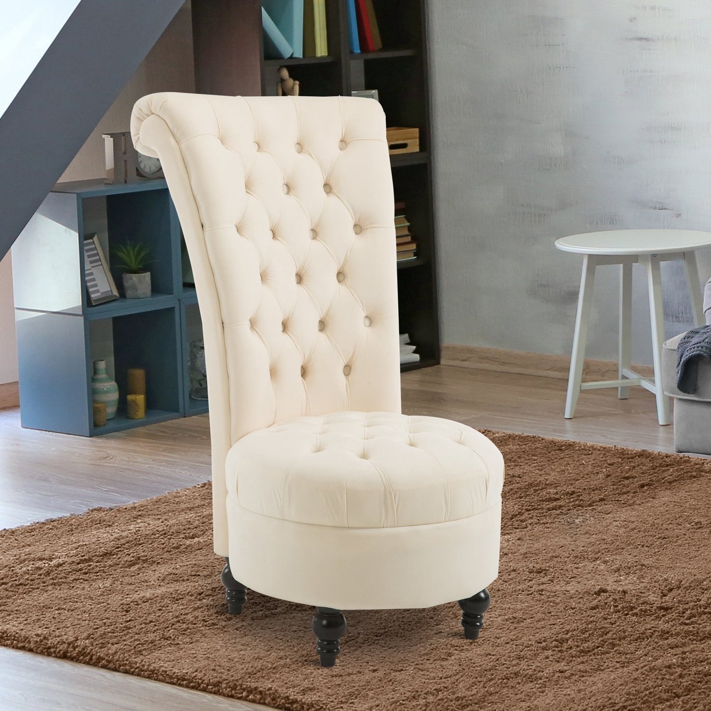 Fauteuil d’appoint en velours capitonné, dossier haut, crème