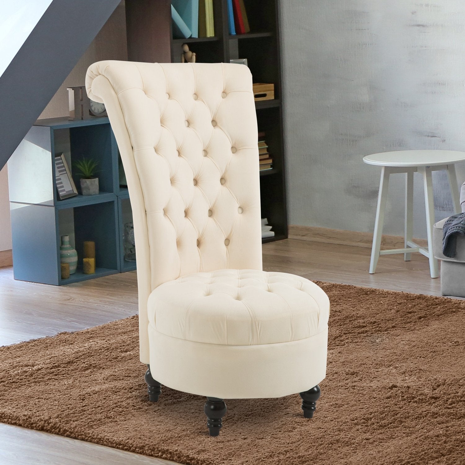 Fauteuil d’appoint en velours capitonné, dossier haut, crème
