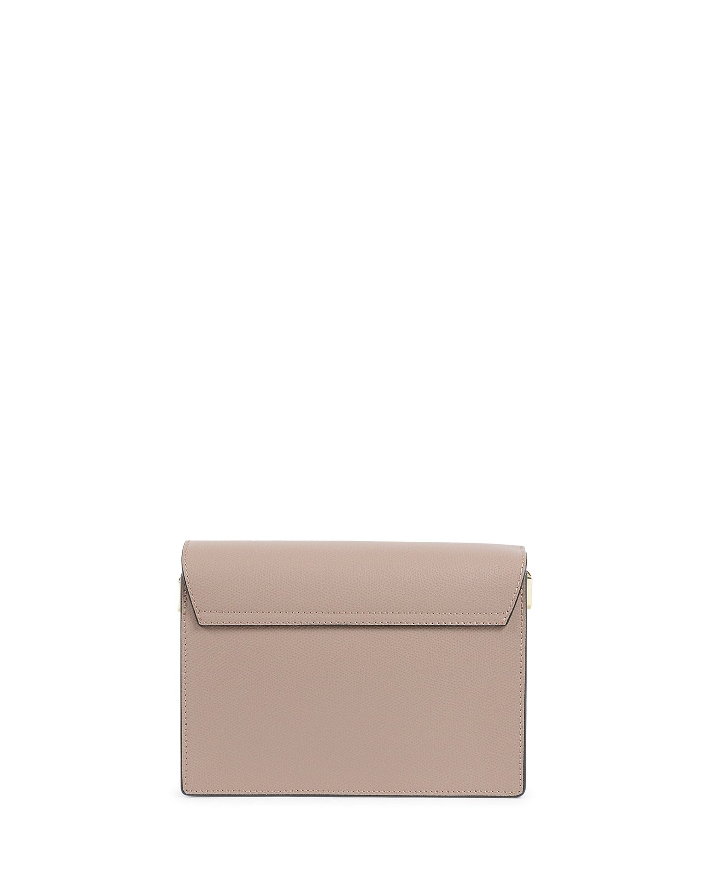Sac en cuir rose pâle, face arrière lisse avec rabat et bordure surpiquée.