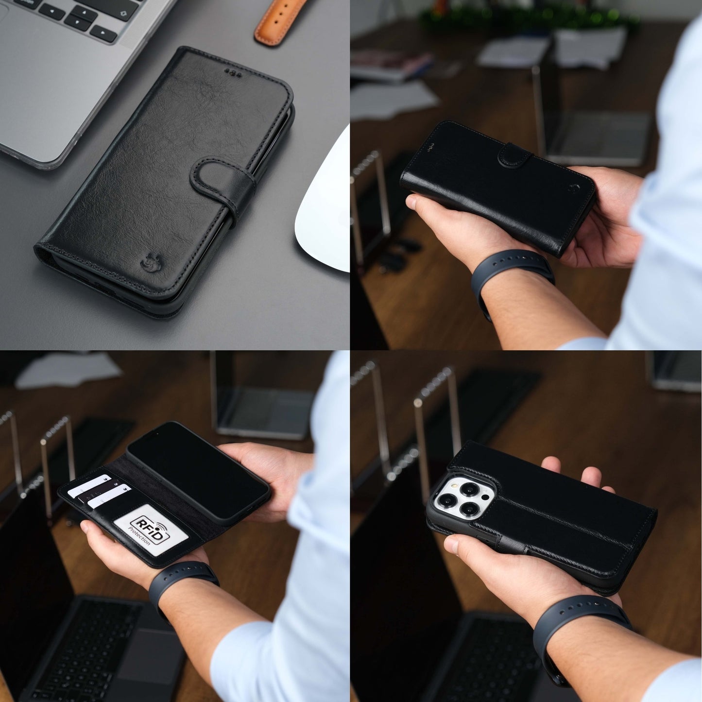 Coque portefeuille en cuir foncé pour iPhone, rabat fermé et support déplié