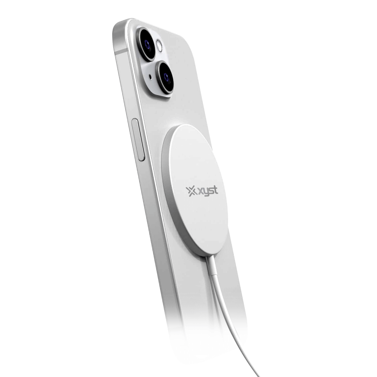 Chargeur sans fil MagSafe avec câble, disque aimanté au dos d’un smartphone