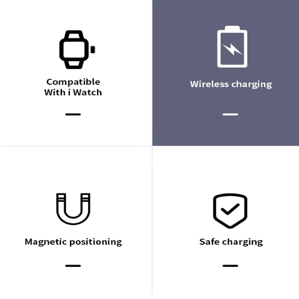 Carte de caractéristiques du chargeur : compatible avec Apple Watch, charge sans fil