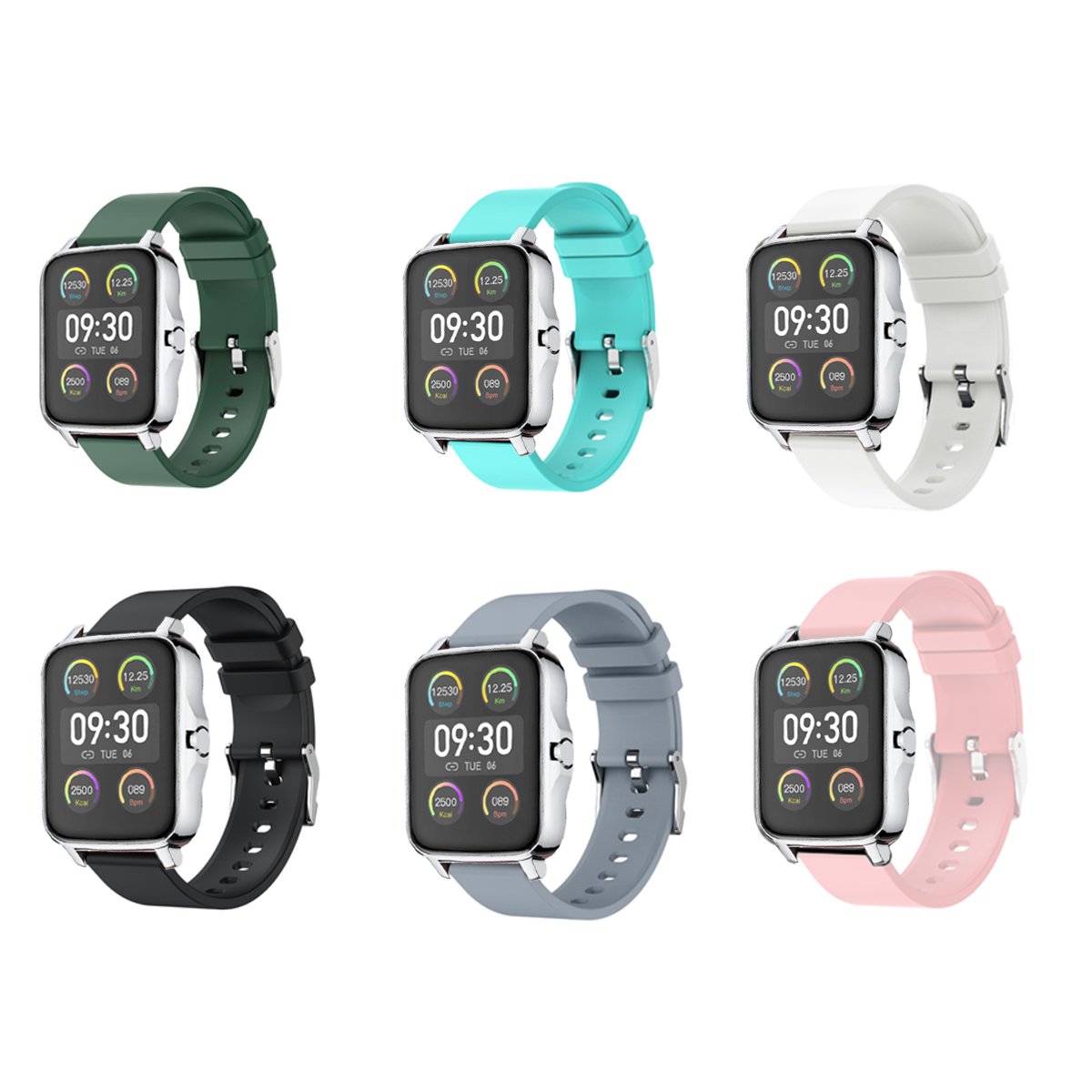 Collection de montres connectées: bracelets vert, bleu, blanc, noir, gris et rose.
