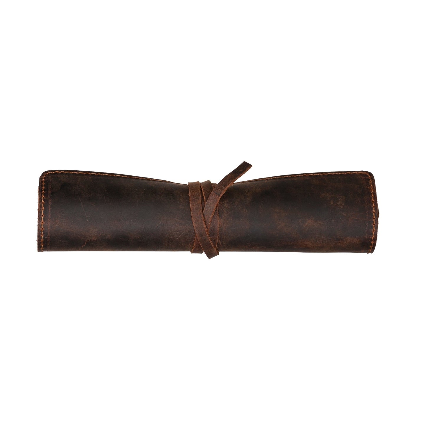Protège-carnet en cuir marron fermé avec sangle nouée et bords surpiqués