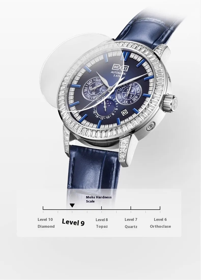 Montre à cadran bleu et lunette sertie, bracelet cuir bleu, vue de face.