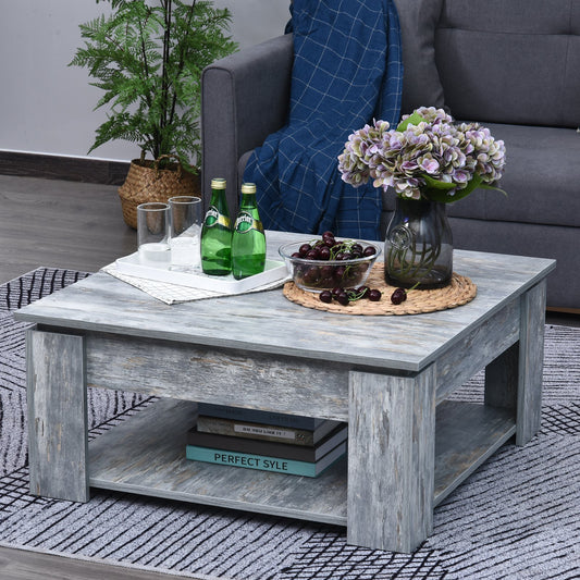 Table basse 2 niveaux en bois moderne effet gris, plateau rectangulaire