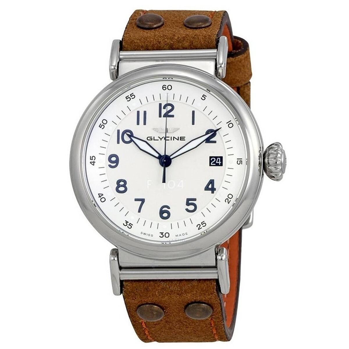 Montre Glycine à cadran argenté et bracelet en cuir brun, boîtier rond Ø 40 mm