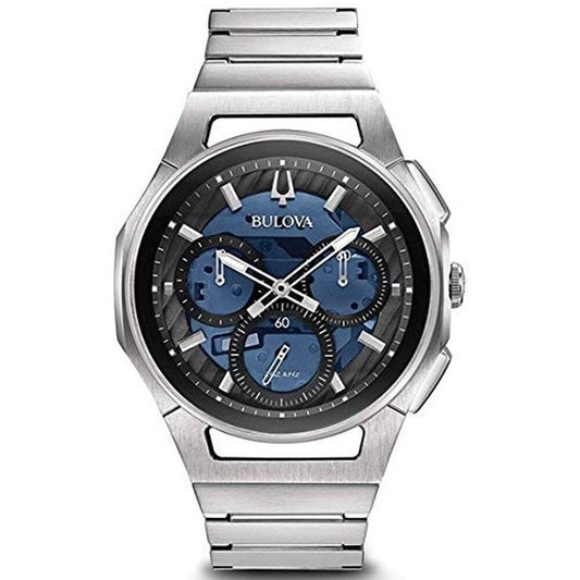 Montre Bulova argentée à bracelet métal et cadran noir avec chronographe bleu