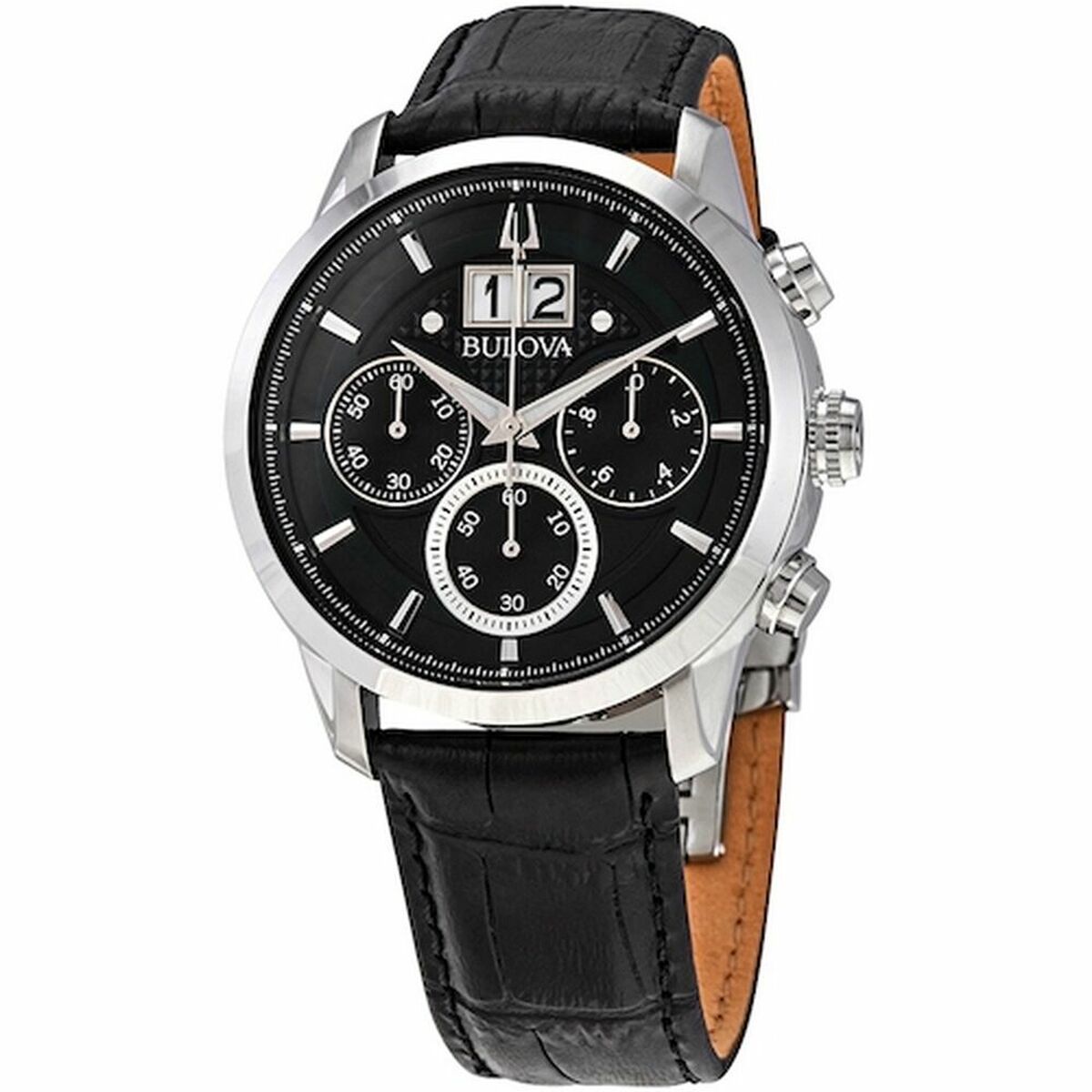 Montre Bulova homme à cadran noir chronographe, bracelet cuir noir, boîtier argenté.