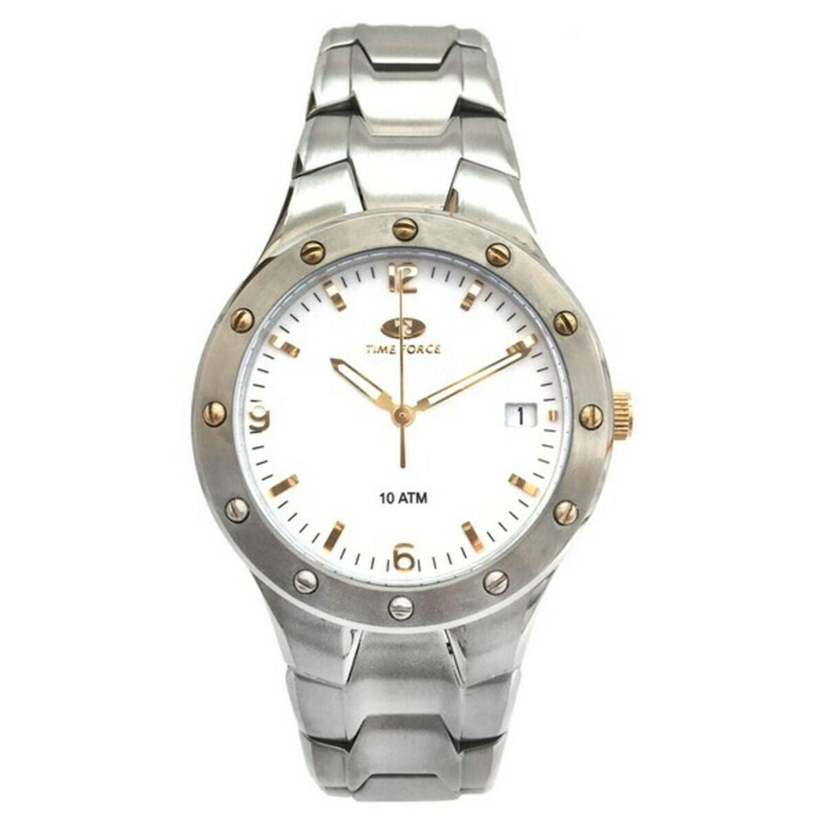 Montre unisexe cadran blanc, bracelet métal argenté, repères dorés, 10 ATM