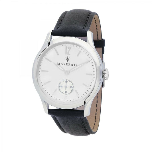 Montre-bracelet Maserati cadran blanc, bracelet cuir noir, boîtier argent Ø40 mm