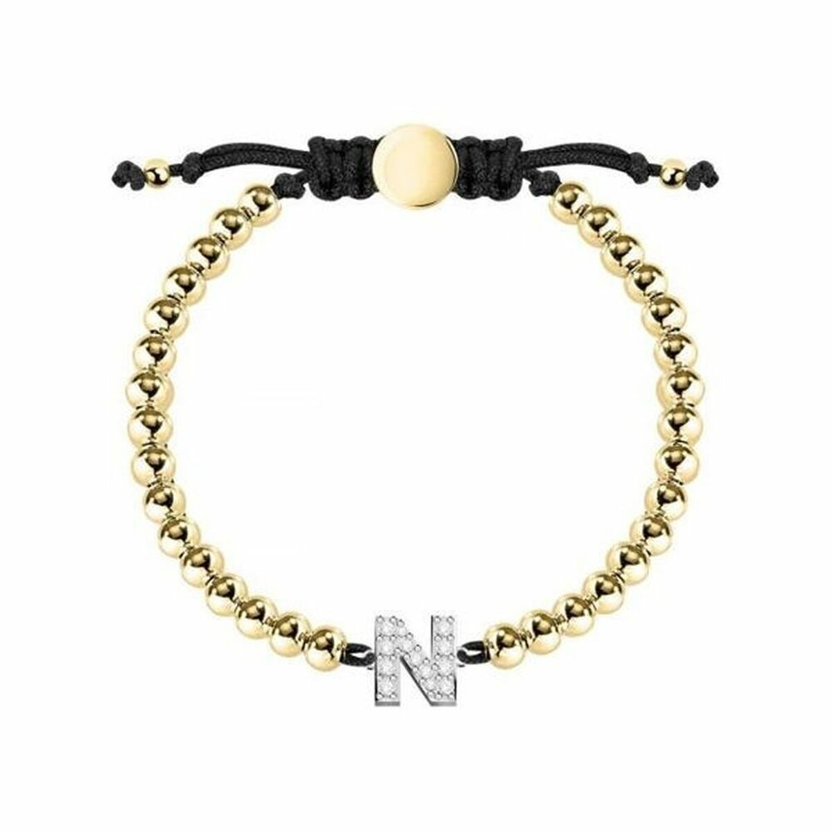 Bracelet femme en perles dorées avec corde noire et breloque lettre N strass