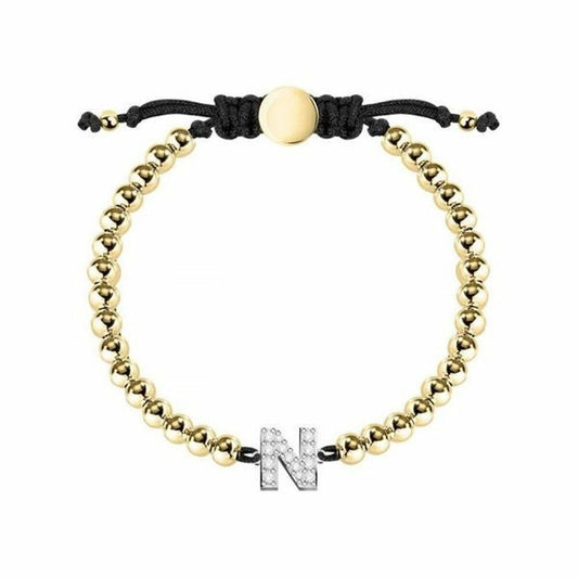 Bracelet femme en perles dorées avec corde noire et breloque lettre N strass