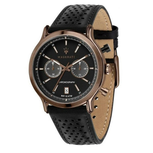 Montre Maserati à cadran noir et bracelet en cuir perforé noir, boîtier ton rosé