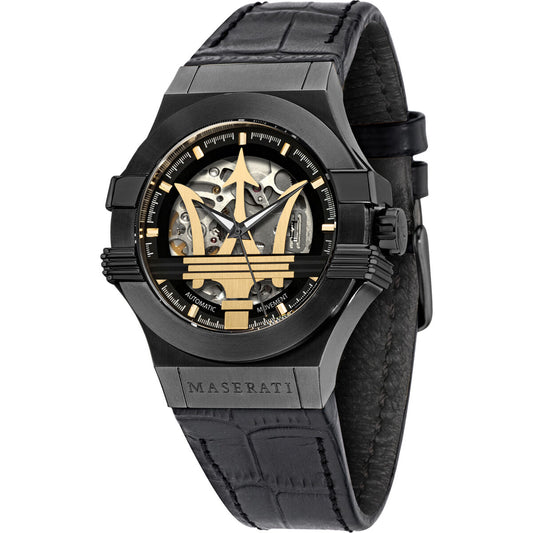 Montre Maserati automatique à cadran squelette, boîtier noir et bracelet cuir noir