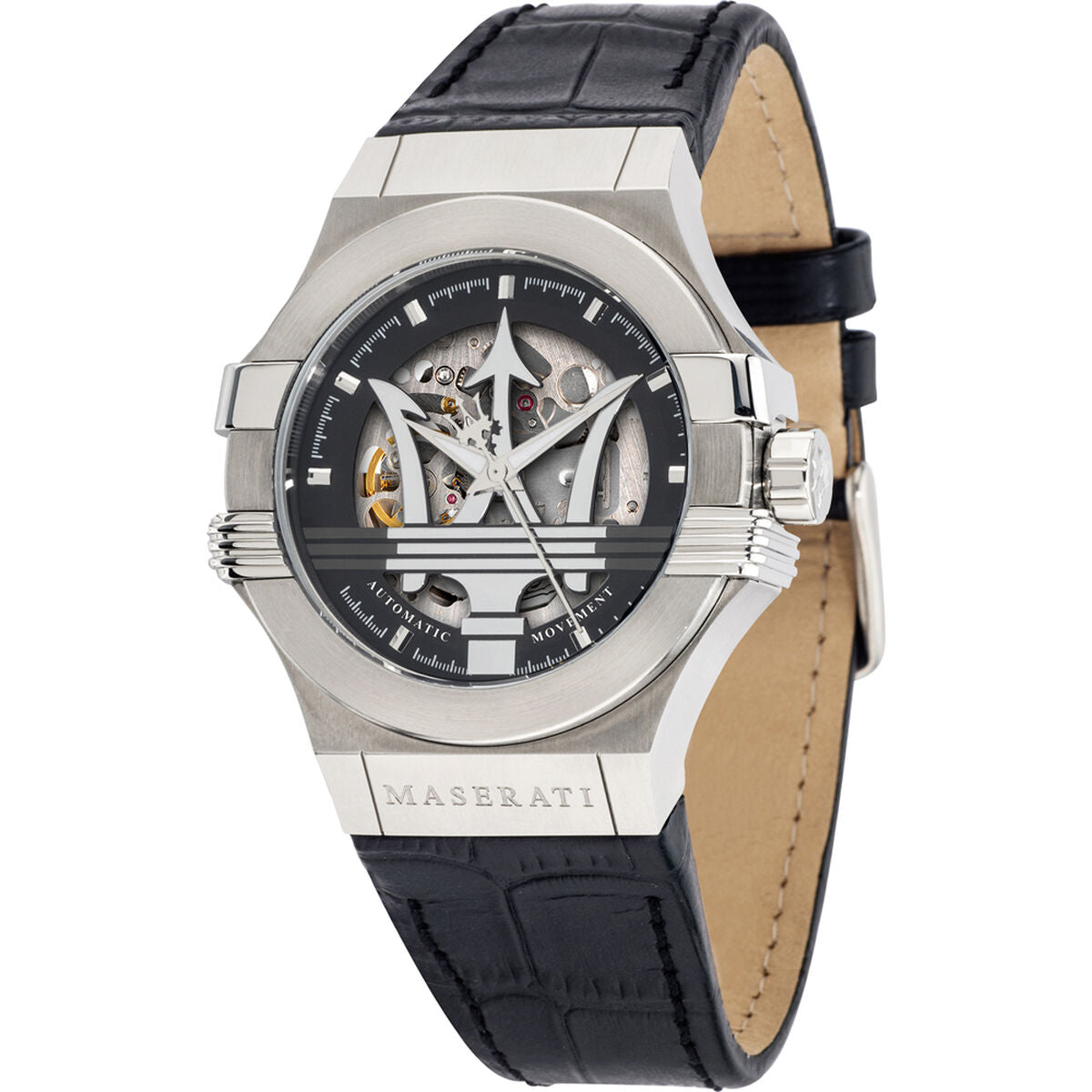 Montre homme vue de face, cadran noir squelette, bracelet cuir noir, boîtier acier.