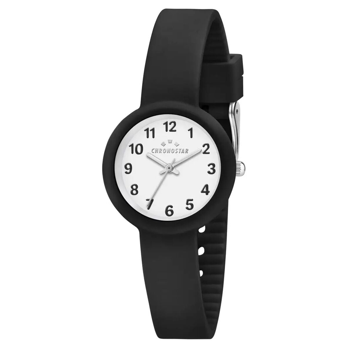 Montre femme Chronostar SOFT à cadran blanc et bracelet noir en silicone.