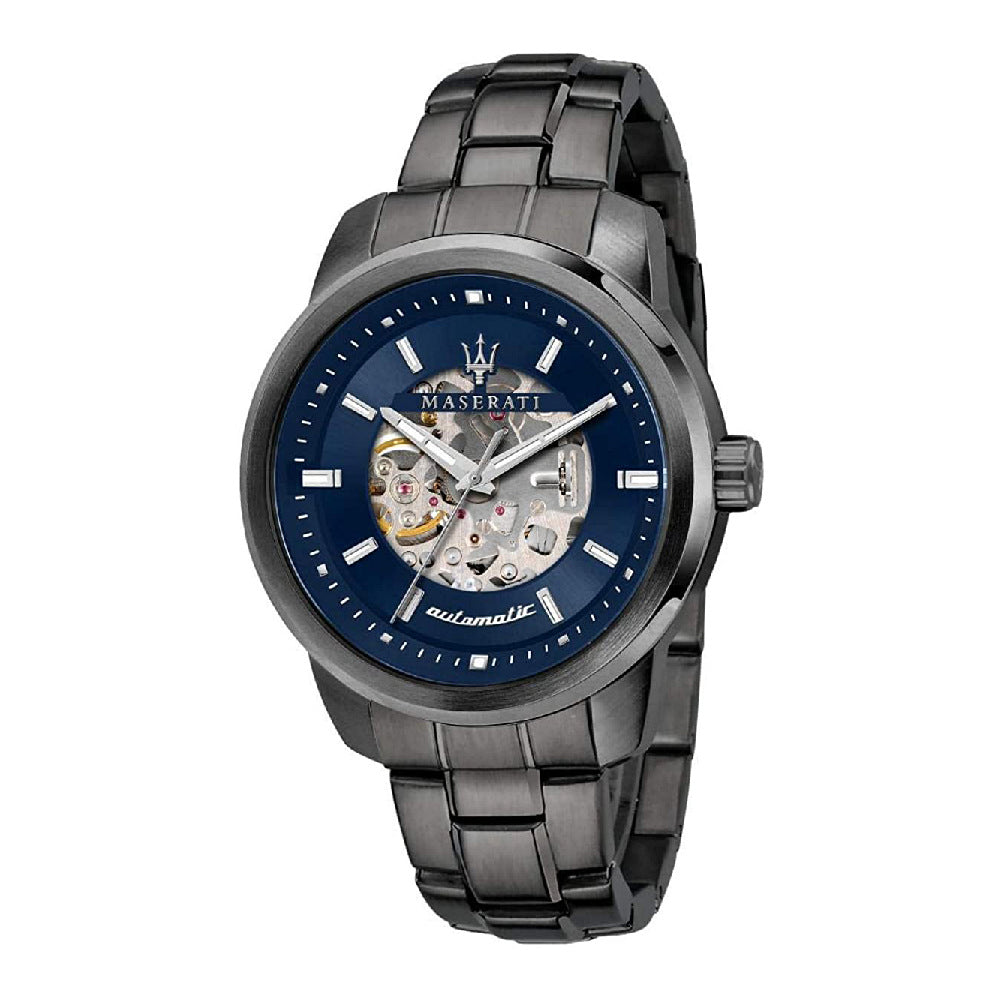 Montre Maserati automatique cadran bleu marine bracelet acier noir, Ø44 mm