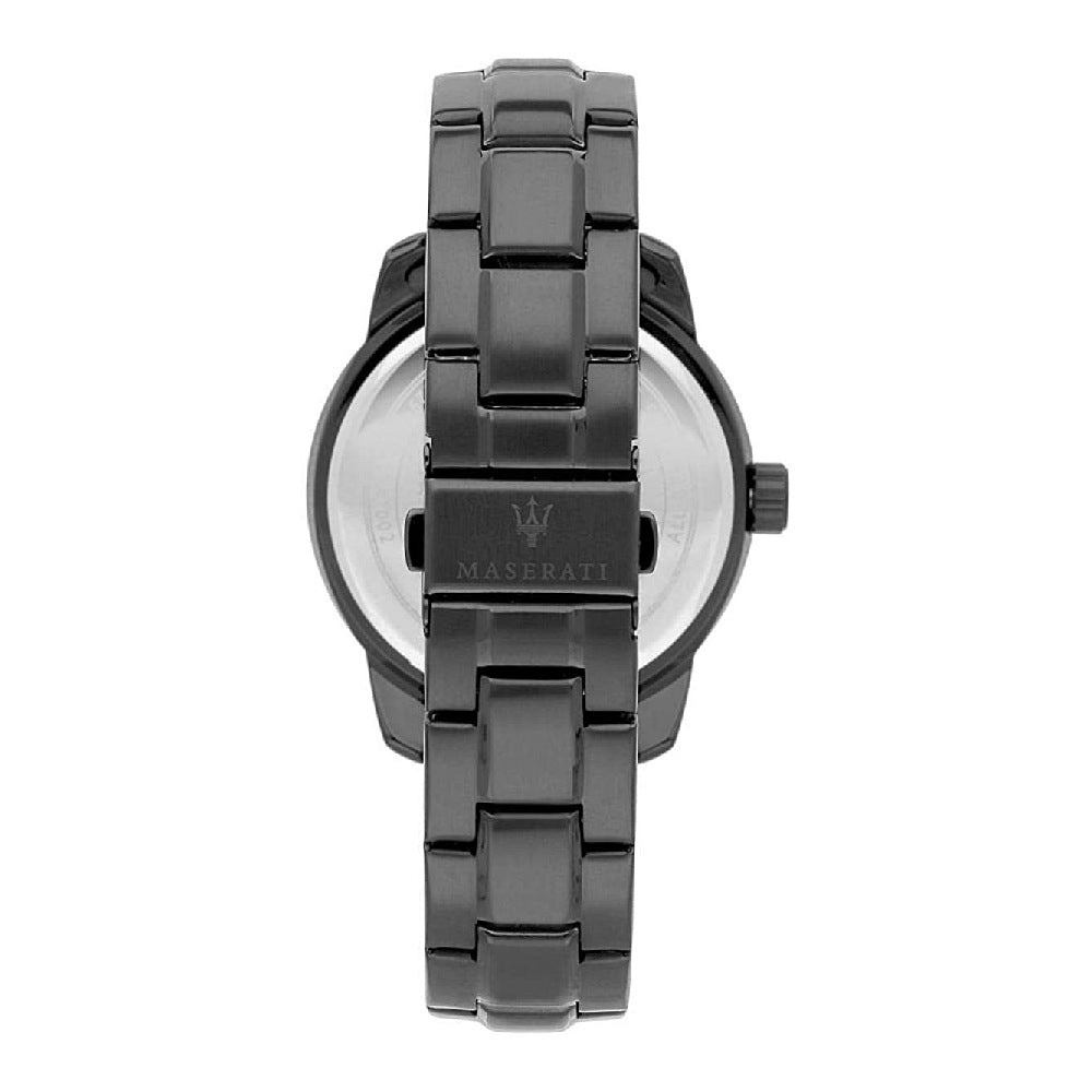 Montre Maserati bracelet acier noir, vue du dos avec logo Maserati