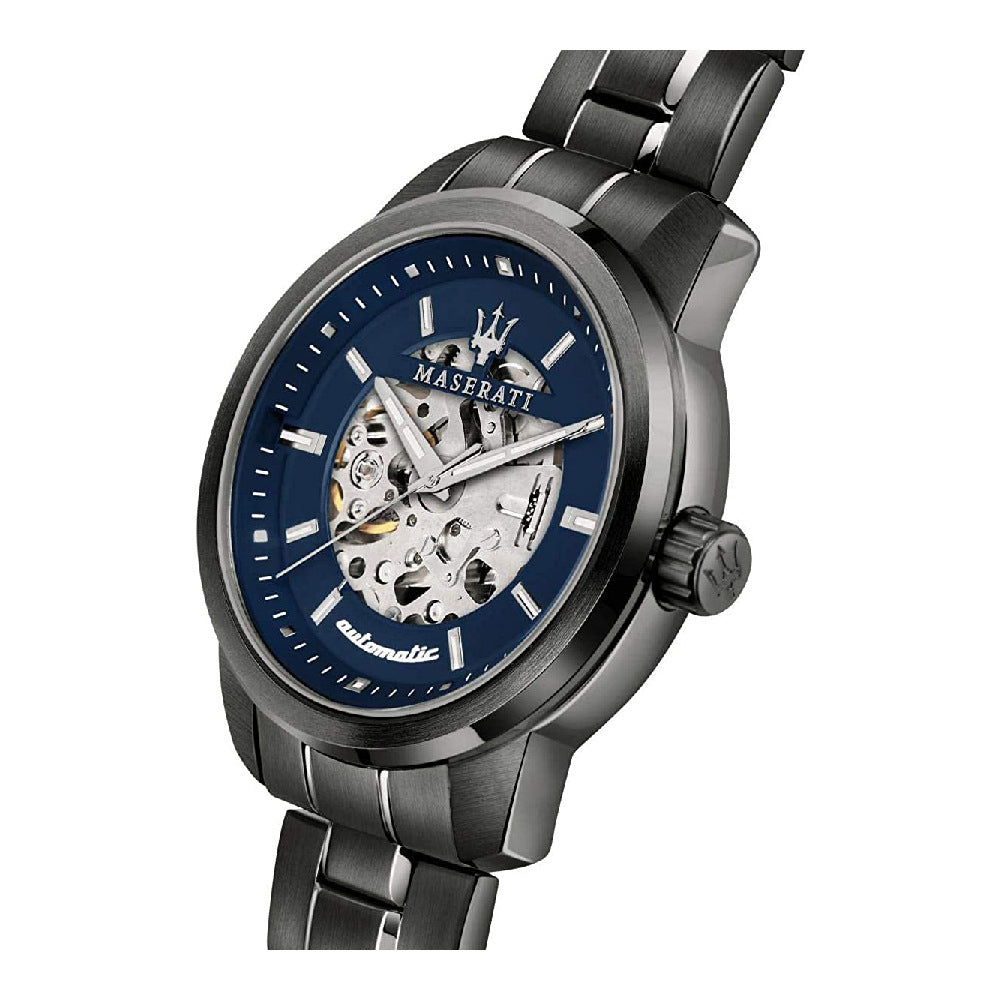 Montre Maserati automatique cadran bleu marine, bracelet acier noir et couronne