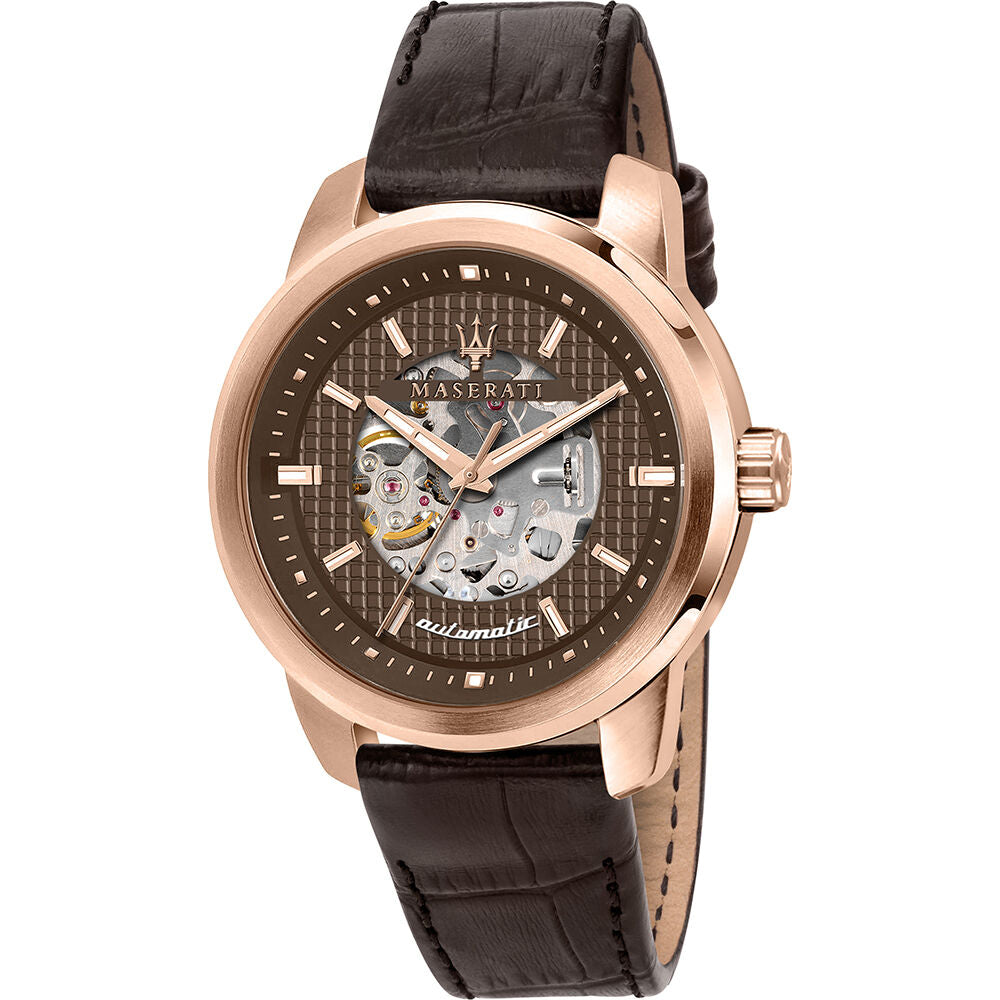 Montre Maserati à bracelet cuir noir, boîtier rose, cadran noir, quartz.