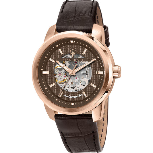 Montre Maserati à bracelet cuir noir, boîtier rose, cadran noir, quartz.