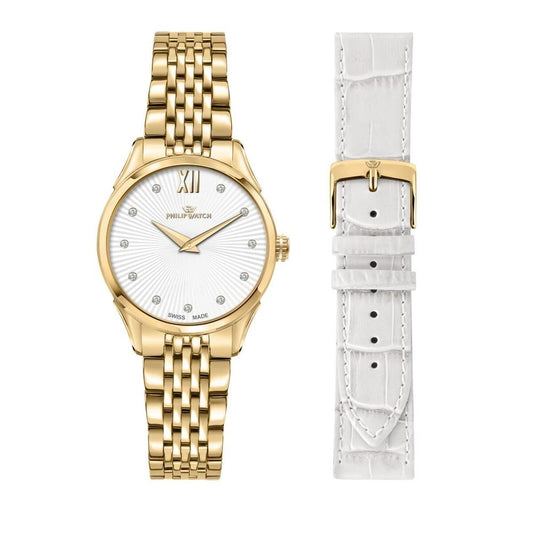 Montre femme Philip Watch ROMA dorée, cadran blanc, bracelet maillon et bracelet cuir blanc.