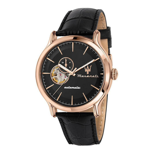 Montre automatique Maserati à cadran noir, boîtier acier or rose, bracelet cuir noir