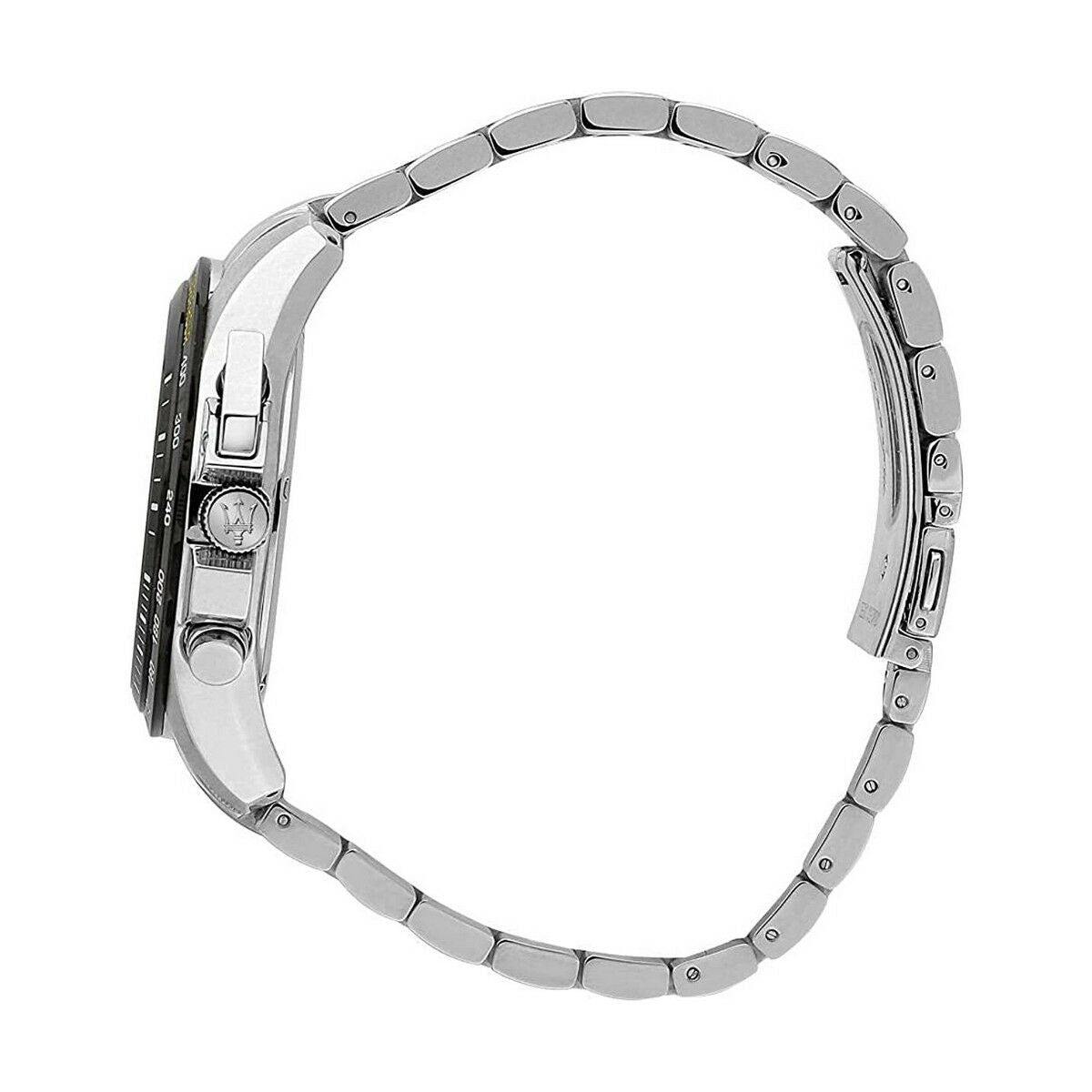 Montre Maserati vue de profil, bracelet maillons métalliques argentés, cadran peu visible