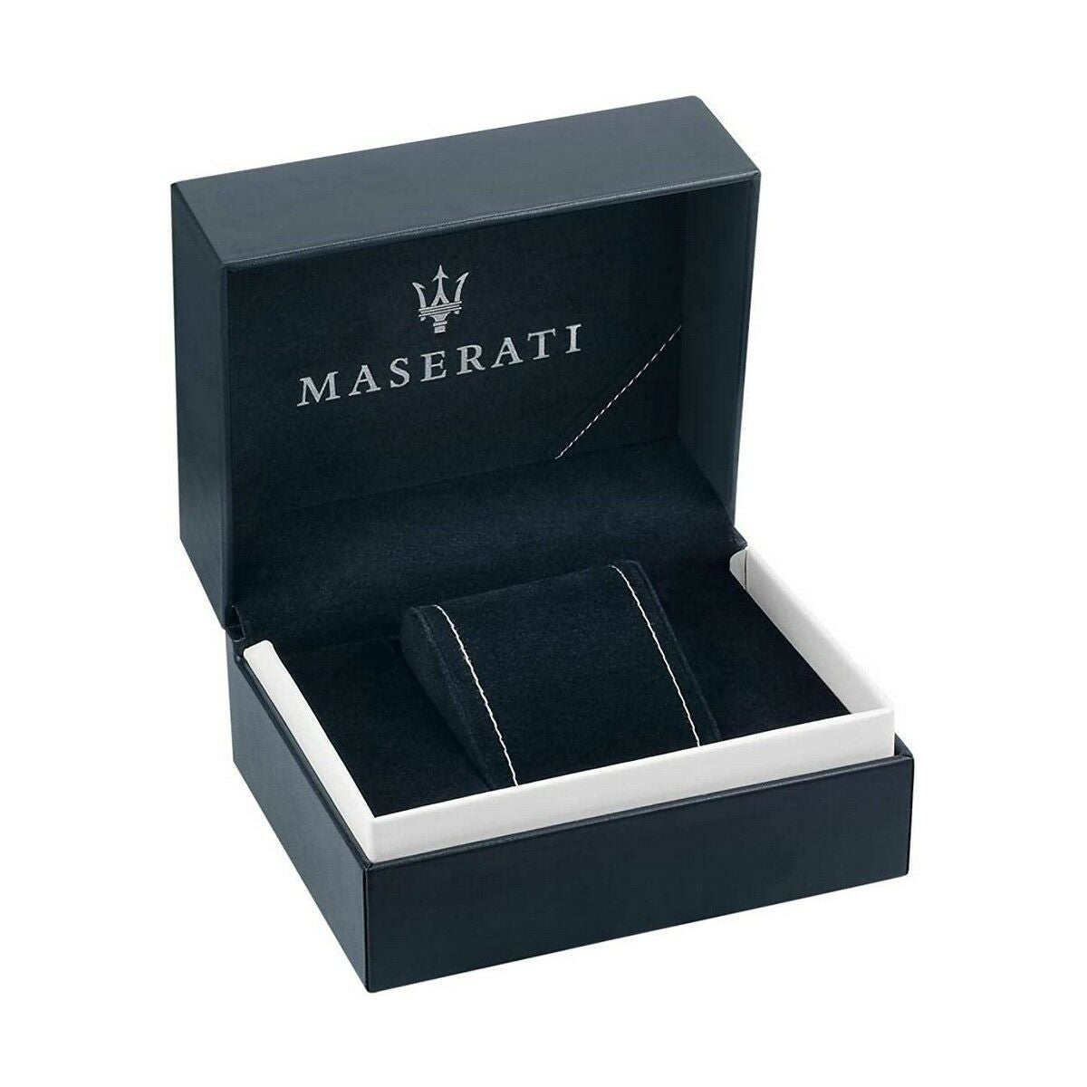 Coffret de montre Maserati ouvert, socle noir et supports pour la montre