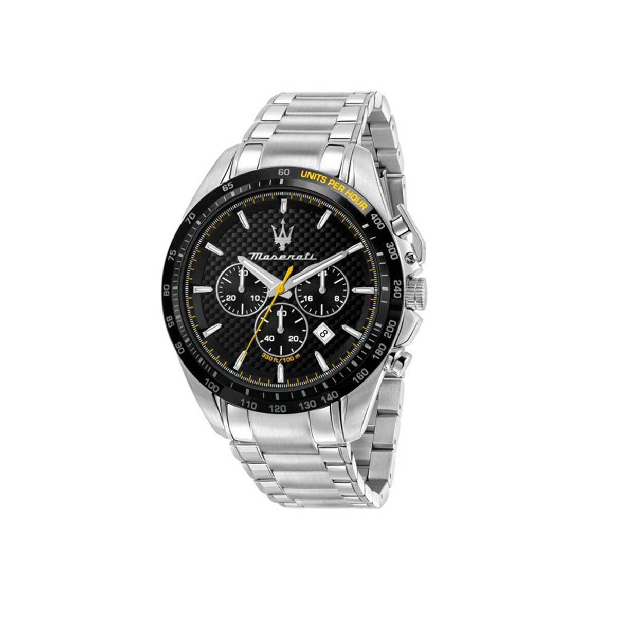 Montre Maserati bracelet acier, cadran noir chronographe, index et aiguilles jaunes