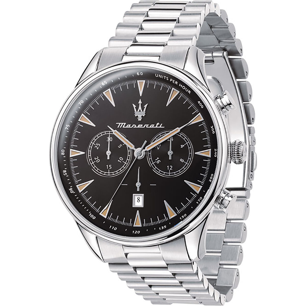 Montre Maserati à bracelet maillons en acier, cadran noir, chronographes et aiguilles