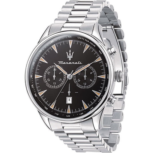 Montre Maserati à bracelet maillons en acier, cadran noir, chronographes et aiguilles