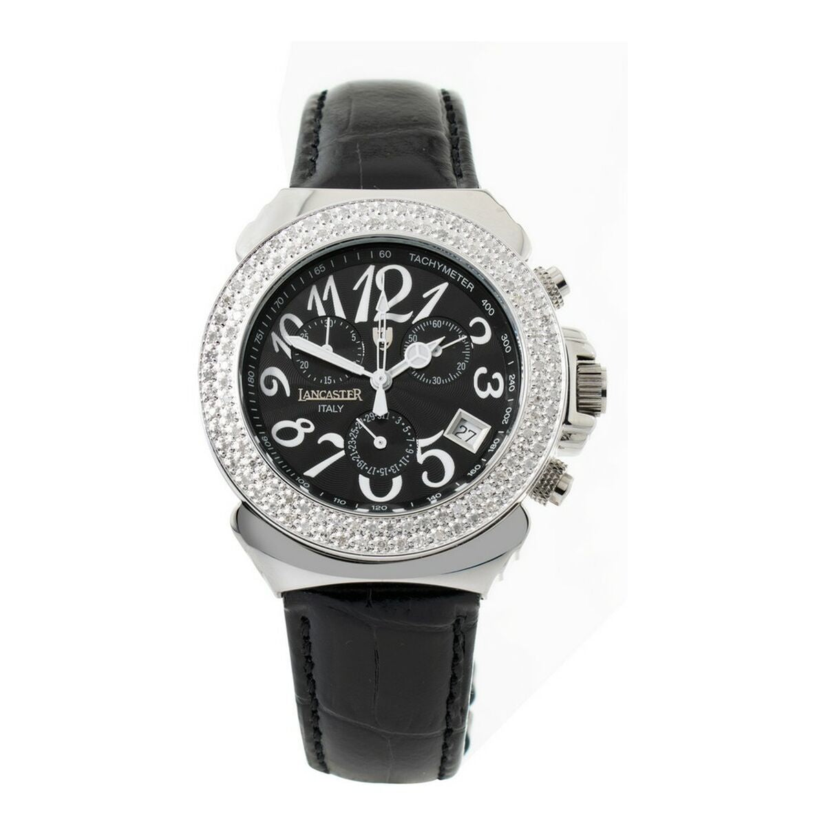Montre bracelet pour femme à cadran noir et boîtier argenté serti, bracelet cuir noir