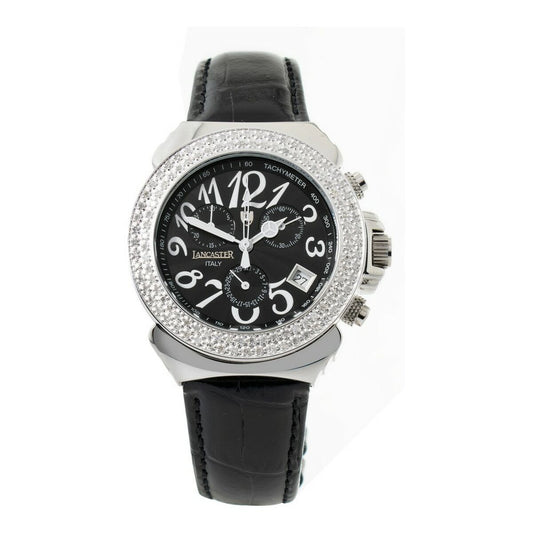 Montre bracelet pour femme à cadran noir et boîtier argenté serti, bracelet cuir noir