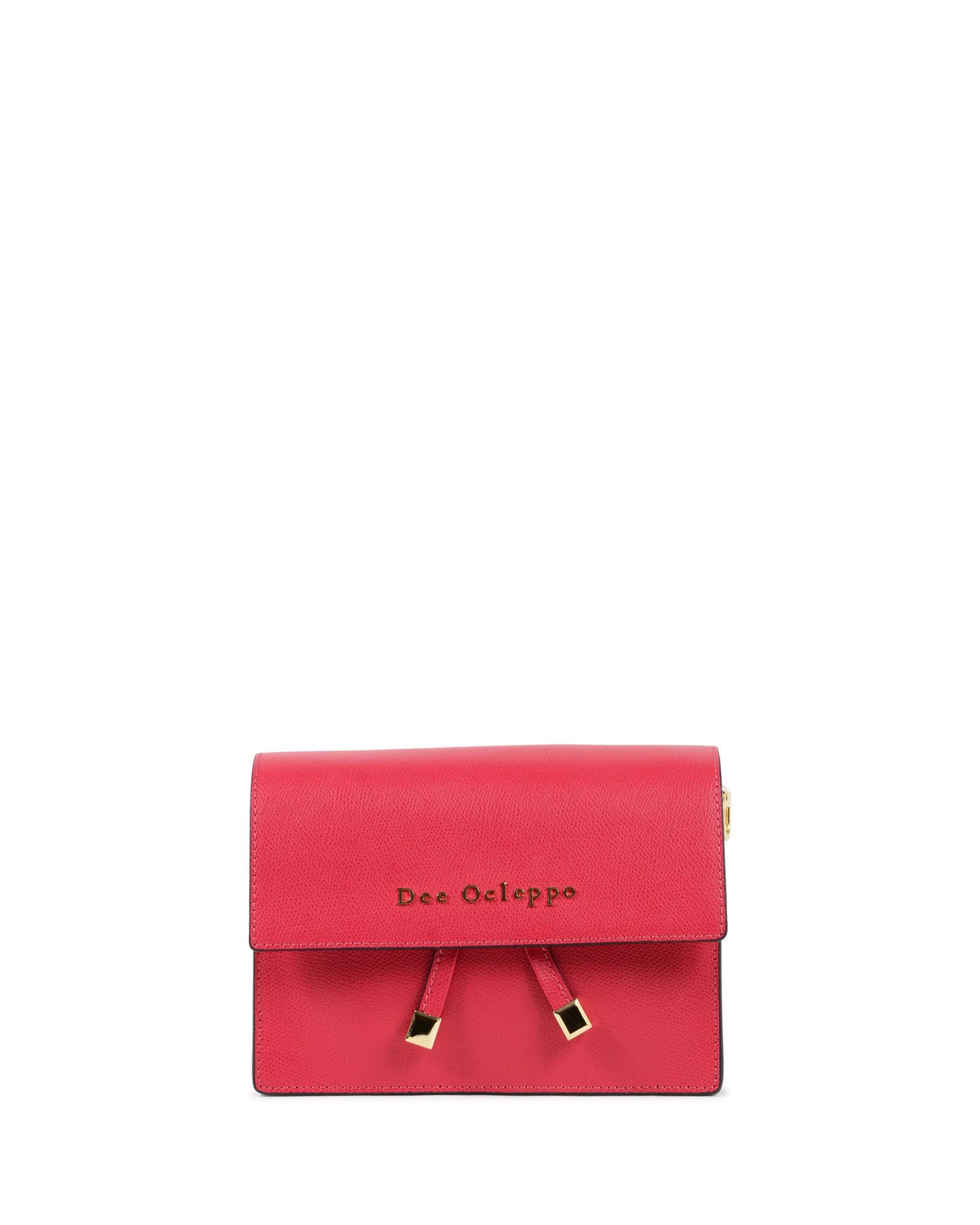 Sac bandoulière fuchsia à rabat, fermeture dorée, logo Dee Ocleppo