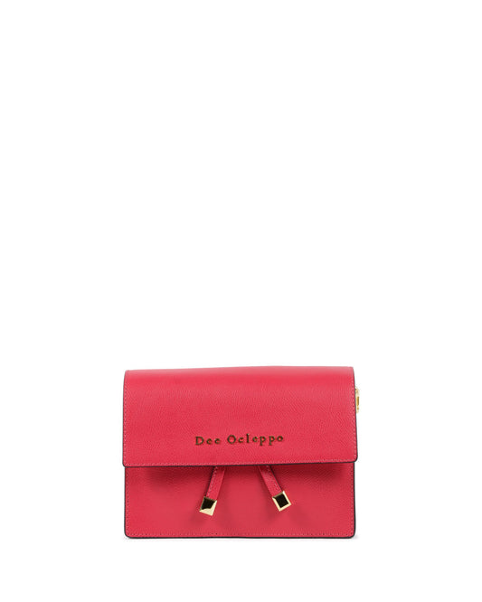 Sac bandoulière fuchsia à rabat, fermeture dorée, logo Dee Ocleppo