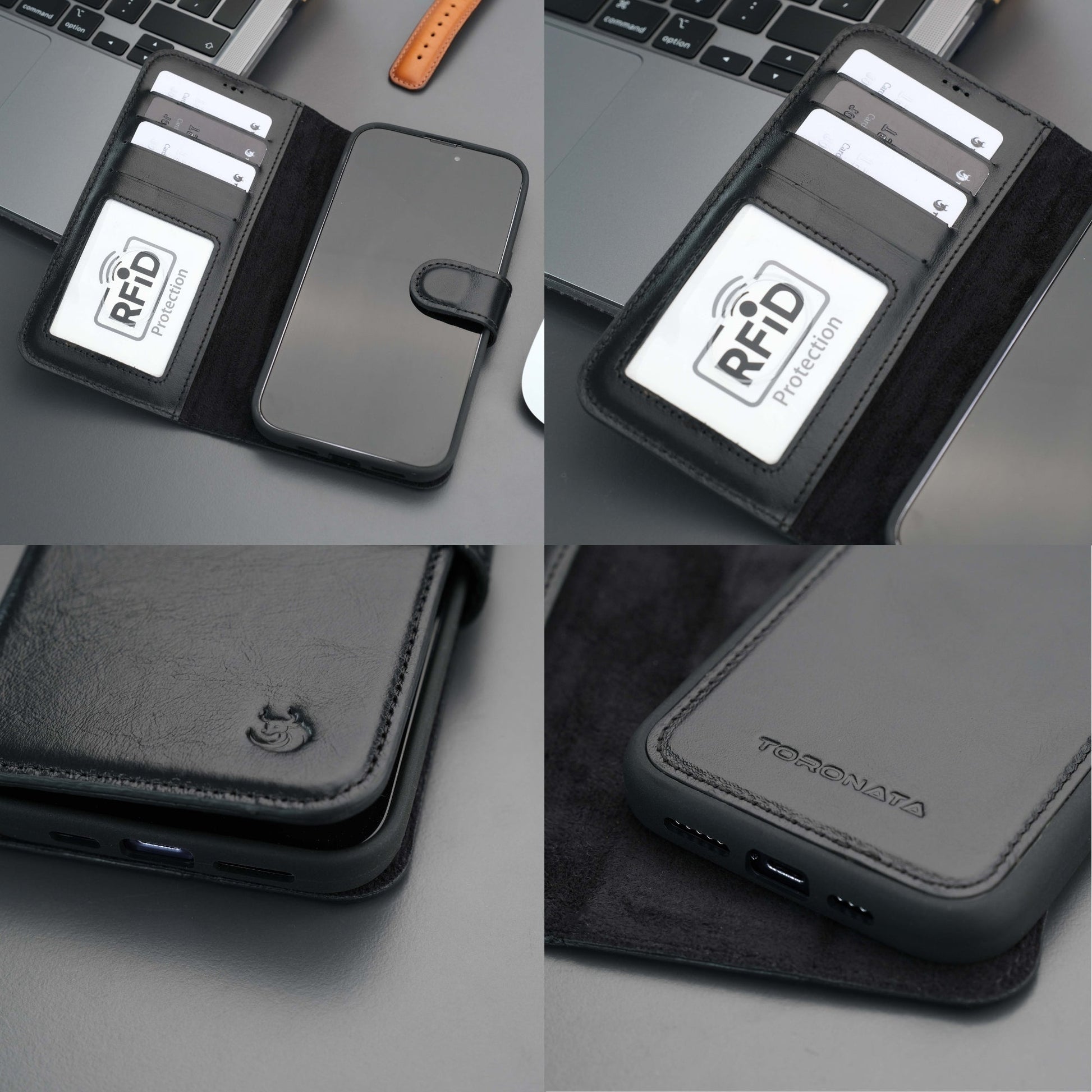 Coque portefeuille en cuir noir : rabat, porte-cartes RFID et marquage sur le rabat.