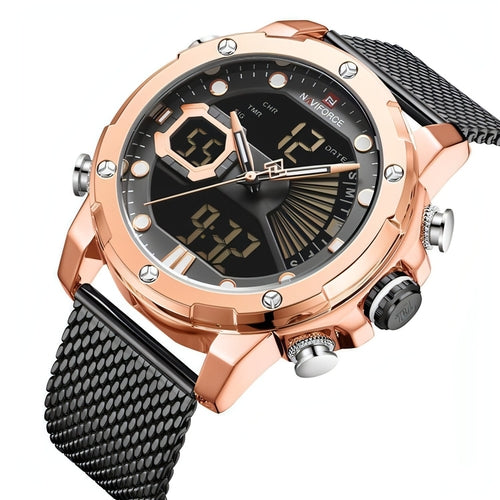 Montre tactique IronStrike™ rose, bracelet maille noire, cadran noir avec affichage numérique.