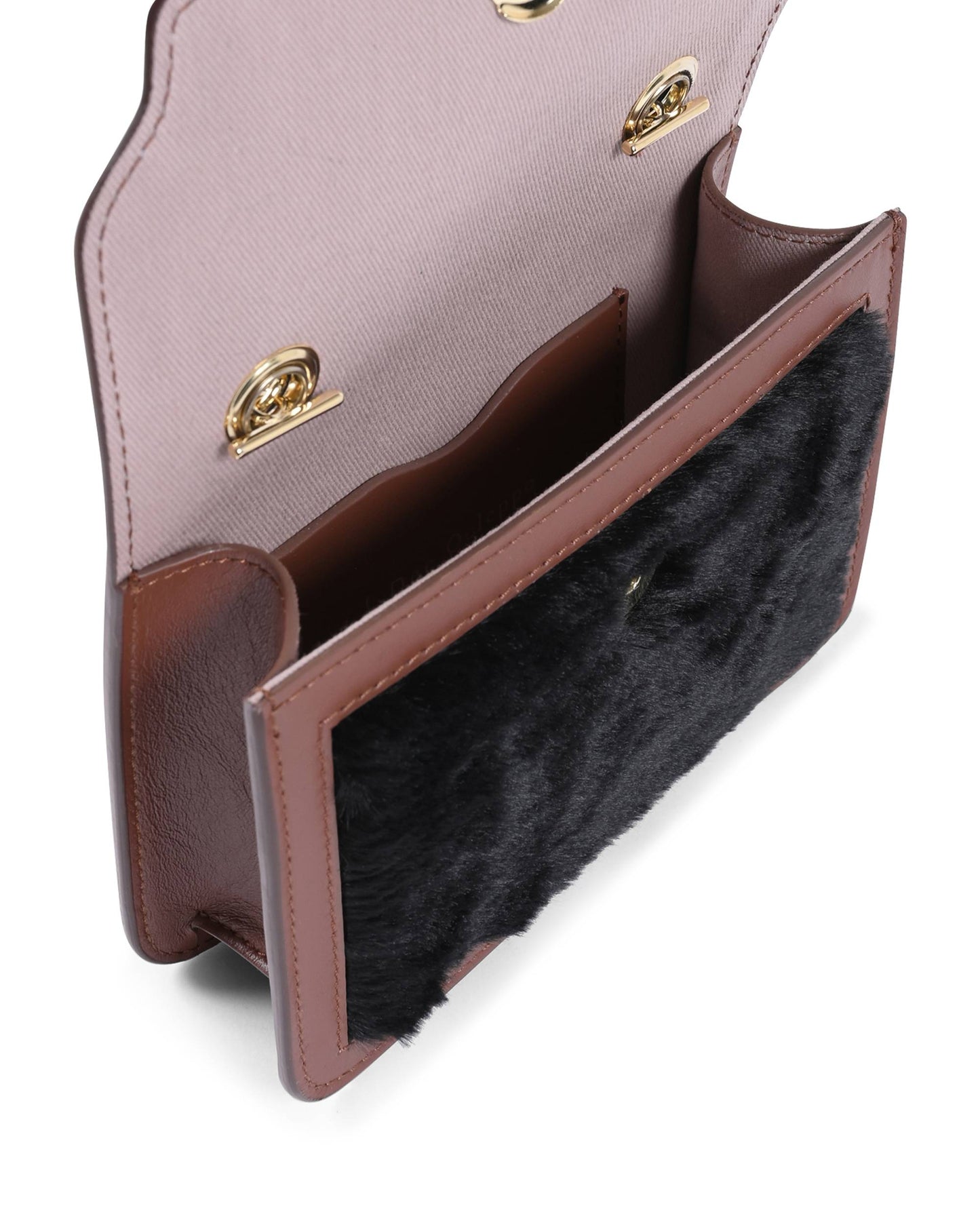 Petit sac en cuir bordeaux et fausse peau lainée noire, rabat avec fermoir doré