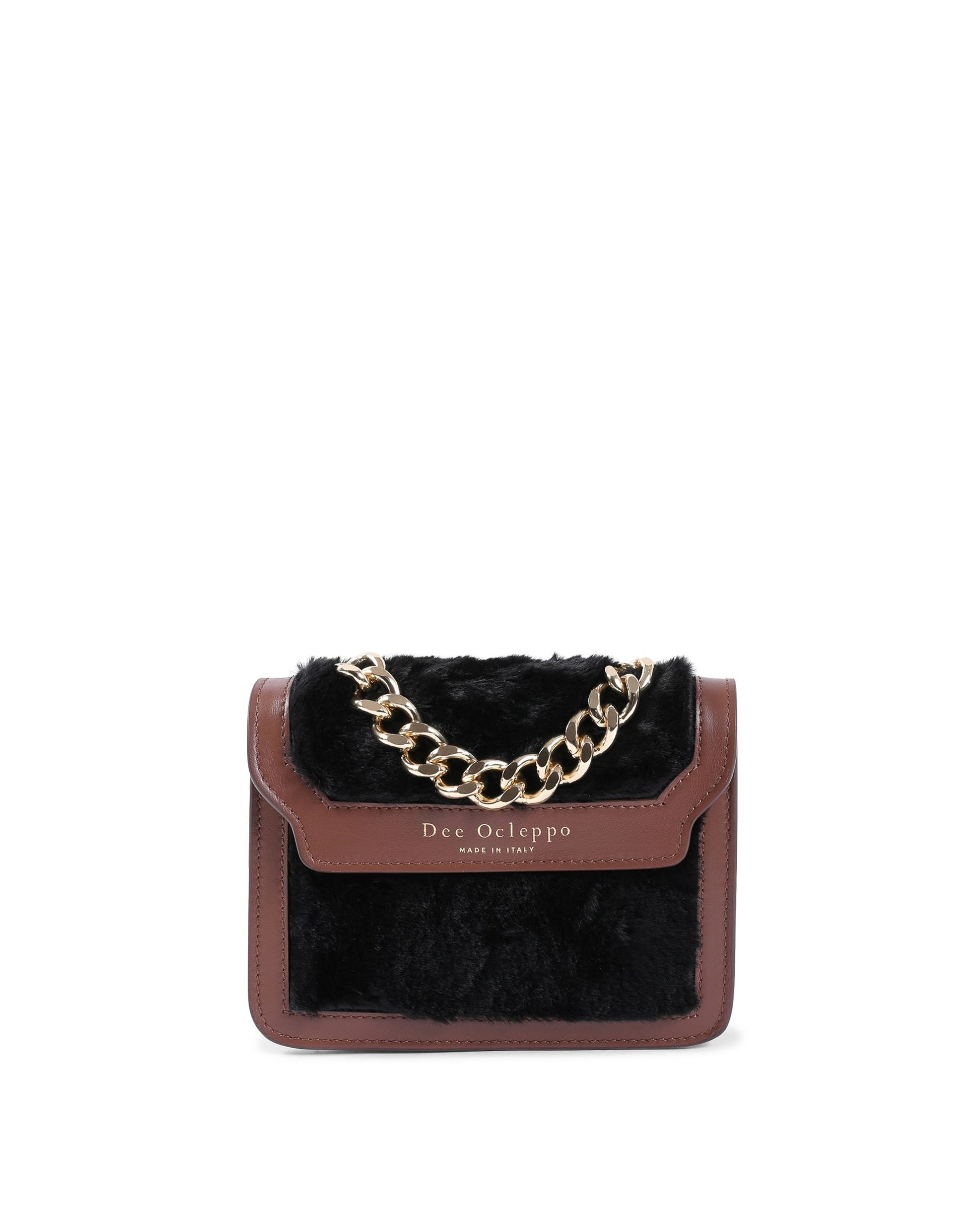 Petit sac en cuir et fausse peau lainée noir, rabat bordeaux, chaîne dorée