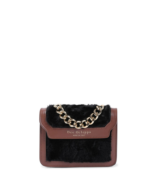 Petit sac en cuir et fausse peau lainée noir, rabat bordeaux, chaîne dorée