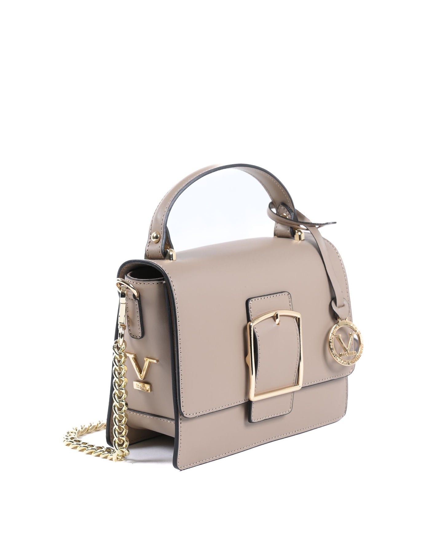 Sac à main taupe avec bandoulière chaîne, rabat à boucle carrée et logo V
